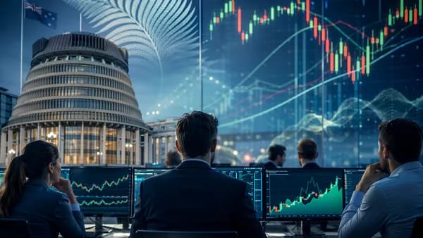 Traders monitor market dashboards during a New Zealand central bank rate decision.