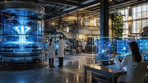 Repurposed factory interior with glowing fusion reactor and scientists in a futuristic research hub