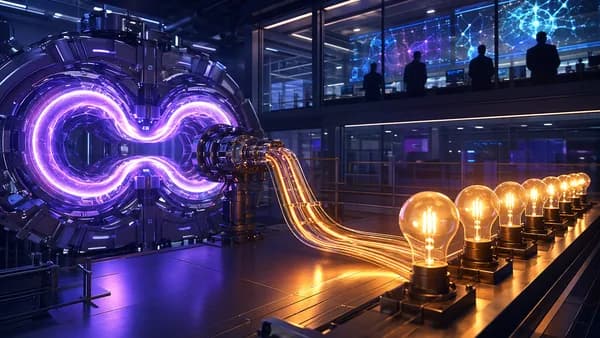 Fusion lab reactor channels plasma energy to glowing bulbs in a futuristic research workspace.