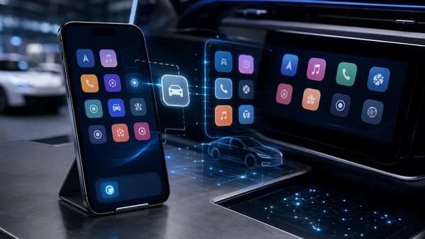 Smartphone rearranging a car dashboard app layout in a futuristic tech workspace.