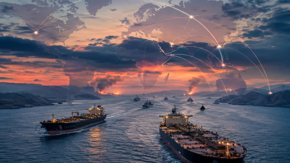 Oil tankers in a tense sea corridor with global map overlay and distant strike glows