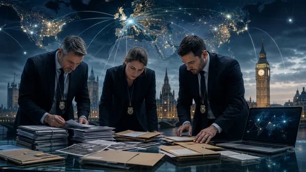 Police investigators examine political finance documents with UK and global network map in background.