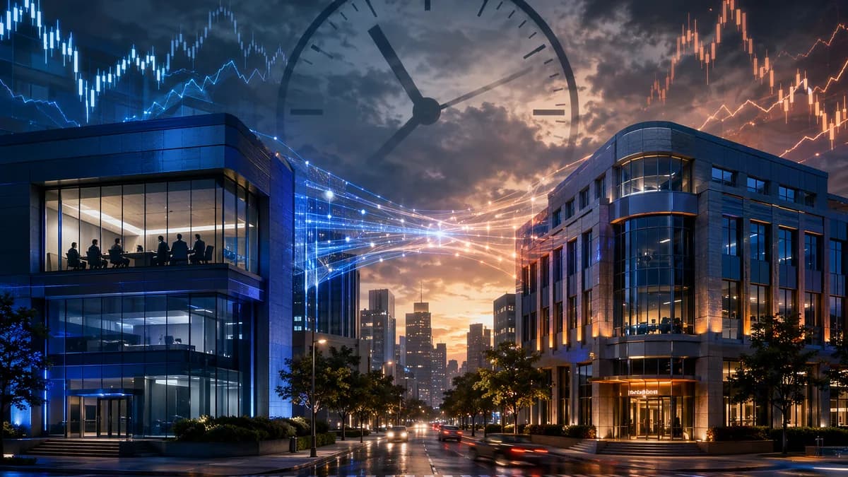 Regional bank merger window shown through converging bank towers, boardroom silhouettes, and a looming clock.