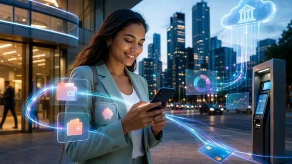 Customer using a mobile banking app with glowing digital transaction streams in a modern city setting.