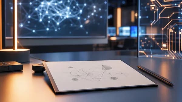 Minimal e-ink tablet and stylus in a futuristic workspace with subtle AI network lighting.