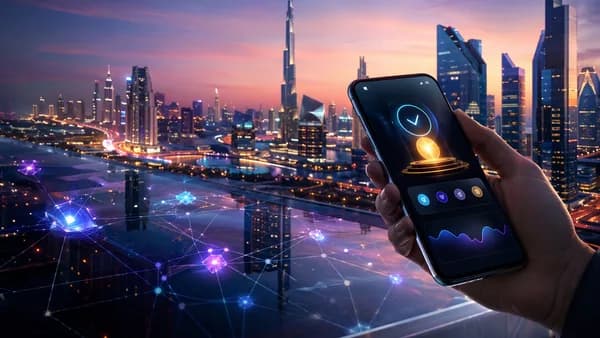 Dubai fintech skyline with smartphone, crypto wallet visuals, and digital banking network glow