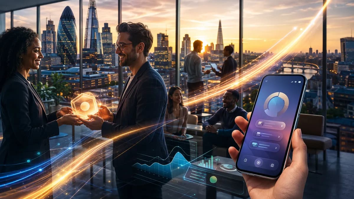 European neobank valuation scene with digital shares, app interface, and London skyline