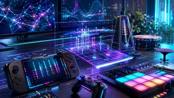 Futuristic gaming setup with neon rhythm visuals, metronomes, and precise beat patterns.