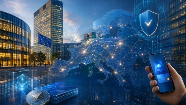 Digital crypto payment network across Europe symbolizing Ripple’s regulated EU expansion.