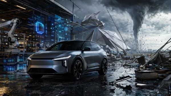 Unbranded electric SUV in storm-damaged futuristic EV launch hub with tornado and factory lines