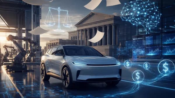 Unbranded electric SUV in a futuristic hub with courthouse and abstract tariff refund visuals.