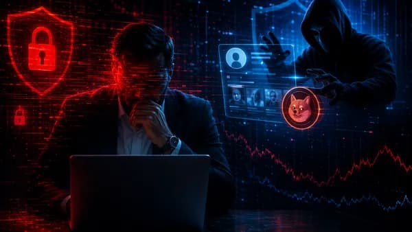 Hacker hijacks a fintech executive’s social account to promote a fake crypto token amid dark cyber visuals.