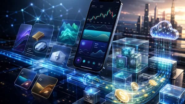 Futuristic trading wallet connected to blockchain rails, tokenized assets, and digital dollar yield streams.