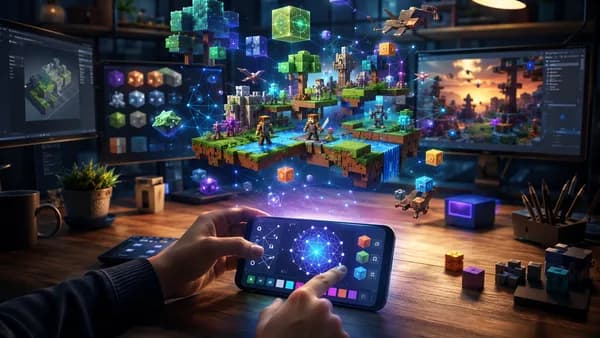 AI-powered mobile game creation concept with holographic block worlds emerging from a smartphone.
