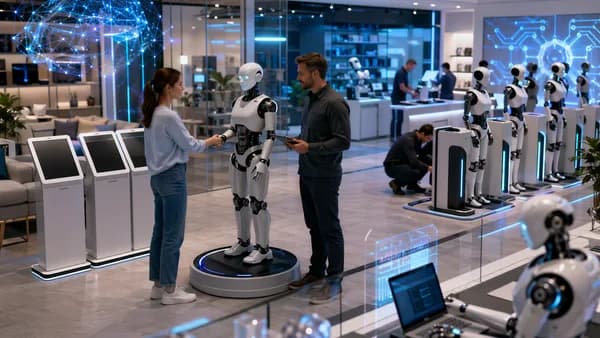 Humanoid robot on rental dock in a futuristic consumer tech support hub