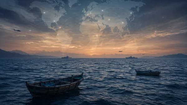 Two empty boats drift in a vast sea beneath a faint world map, symbolizing Rohingya missing at sea.