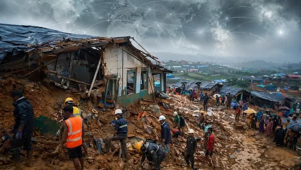 Rescuers search a rain-soaked Rohingya camp after a monsoon landslide in Bangladesh.