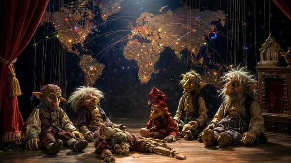 Memorial puppet stage with marionettes and a glowing world map backdrop symbolizing global cultural impact.