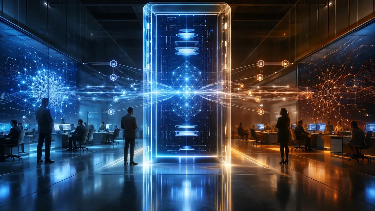 Enterprise AI gateway dispute visualized as opposing tech workspaces and glowing data access portal.
