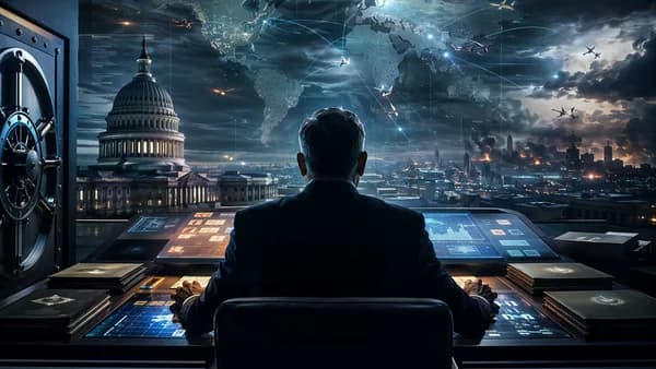 Silhouetted official controls classified intelligence budgets over a glowing global map.