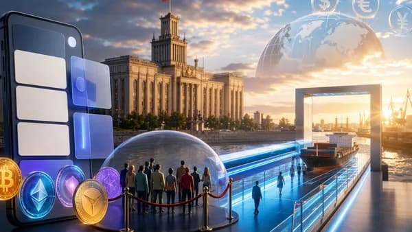 Russian crypto regulation visual with parliament, digital banking, capped investors, and supervised trade corridor.