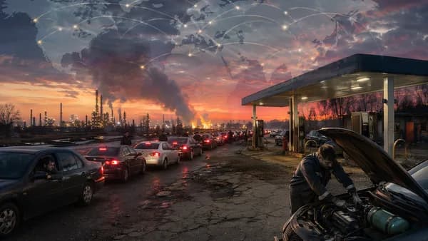 Cars queue at a Russian fuel station as a mechanic installs an LPG kit under a global map overlay.