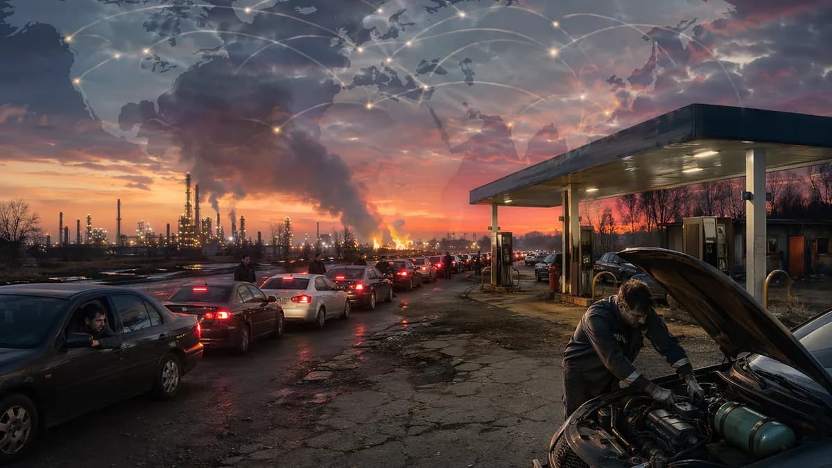 Cars queue at a Russian fuel station as a mechanic installs an LPG kit under a global map overlay.