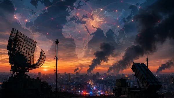 Somber Ukraine skyline with smoke, air defenses, and global map connections symbolizing NATO urgency.