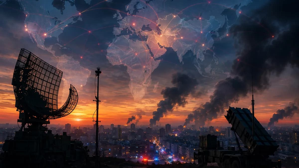 Somber Ukraine skyline with smoke, air defenses, and global map connections symbolizing NATO urgency.