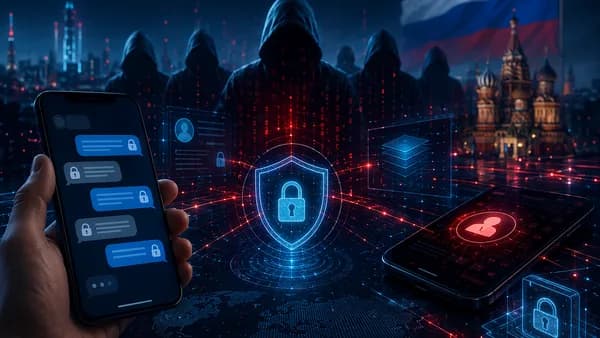 Dark cybersecurity scene with hacked messaging phones, shields, locks, and shadowy cyber attackers.