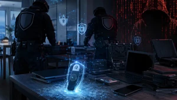 Cyber police seize devices and freeze a crypto wallet amid dark digital security visuals.