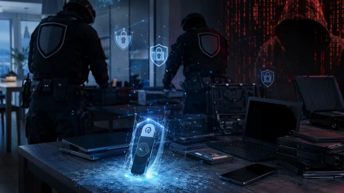 Cyber police seize devices and freeze a crypto wallet amid dark digital security visuals.