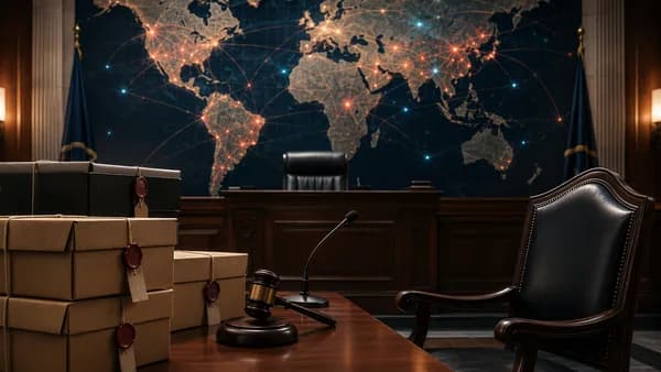Solemn courtroom with gavel and global map, symbolizing terrorism conviction and international legal impact.