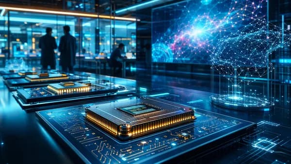 Glowing AI chips in a futuristic lab, symbolizing rapid investment in inference hardware