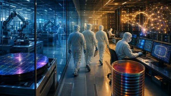 Engineers shift between futuristic chip labs amid glowing wafers, servers, and semiconductor workstations.