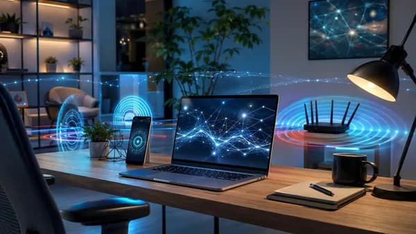 Modern home office with phone Wi-Fi diagnostics showing signal dead zones around a desk