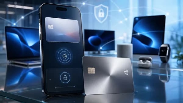 Unbranded smartphone and metallic credit card symbolize a new device-led fintech card launch.