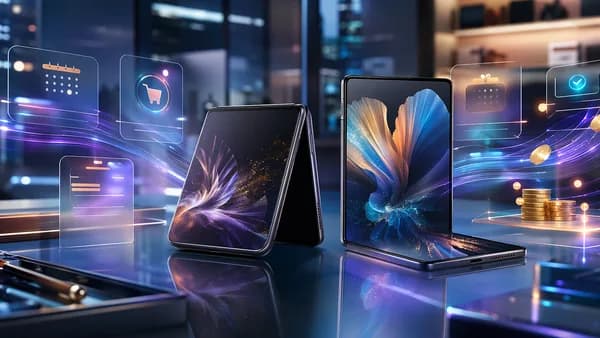 Unbranded foldable phones in a futuristic workspace with glowing reservation and credit visuals.