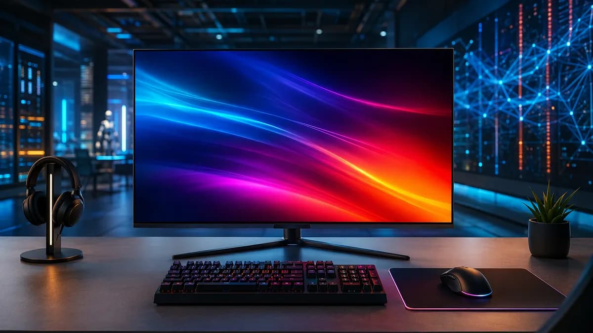 Premium OLED gaming monitor in a futuristic tech workspace with glowing circuits and cinematic lighting