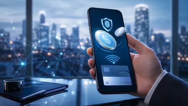 Smartphone digital wallet with glowing stablecoin tokens in a futuristic fintech setting