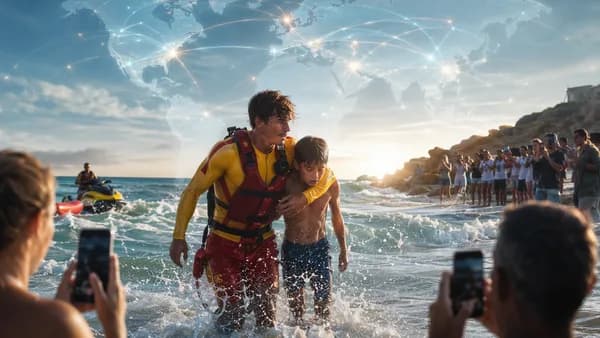 Teen lifeguard rescues a child in ocean surf as bystanders film, with global news map overlay.