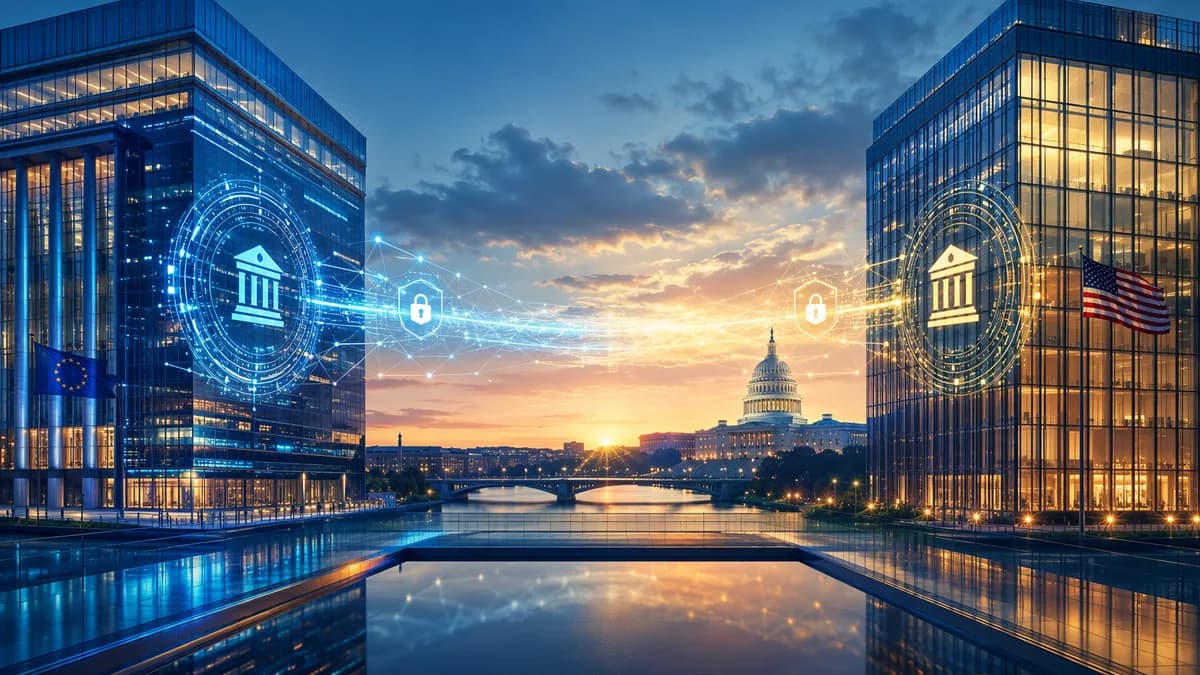 Cross-Atlantic banking merger visual with digital bridge, regulators, and fintech transaction lines