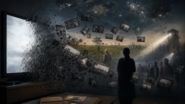 Streaming screen fading into darkness with Punjab imagery and global map, symbolizing censorship and erased history.