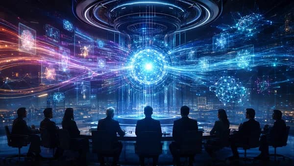Executives watch a single AI core absorb company data in a futuristic boardroom.