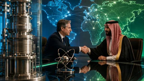 Diplomatic handshake with nuclear energy motifs and global map, symbolizing a US-Saudi nuclear pact.