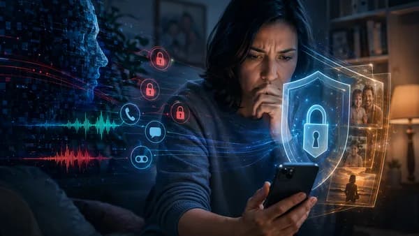 Parent’s phone protected by digital shield from AI impersonation scam signals in dark cybersecurity scene