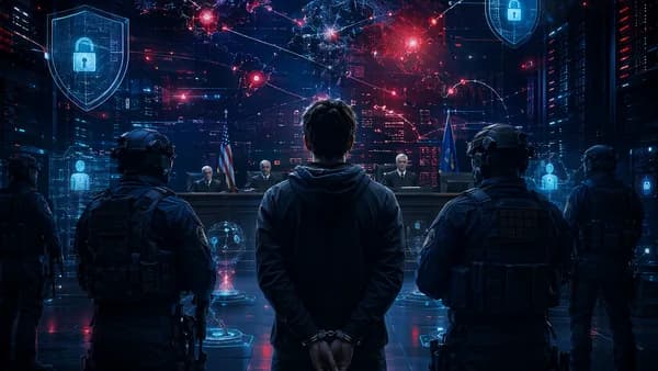 Anonymous hacker in custody before glowing cybersecurity shields, locks, and code matrix
