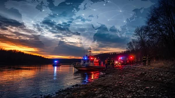 Somber river rescue scene with emergency lights, wooded banks, and subtle global map overlay