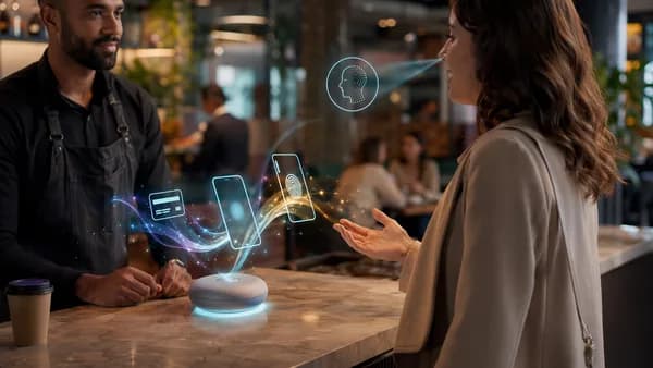 Screenless AI payment device enabling conversational checkout with abstract consent and security signals.