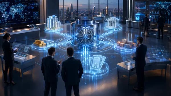 Futuristic fintech infrastructure hub visualizing tokenized assets and acquisition strategy.